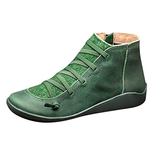 Yowablo Damen Kurzschaft Stiefel Lässige Flache Retro-Schnürstiefel aus Leder mit seitlichem Reißverschluss und runder Schuhspitze (42 EU,4- Grün)
