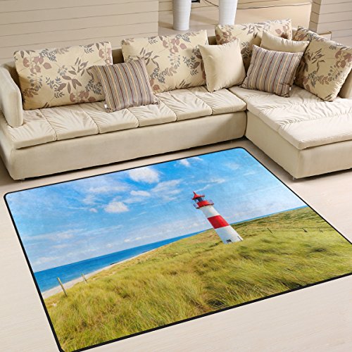 Use7 Teppich mit Leuchtturm auf Sand blauem Himmel, Landschaft, Natur, Teppich für Wohnzimmer Schlafzimmer, Textil, Mehrfarbig, 160cm x 122cm(5.3 x 4 feet)