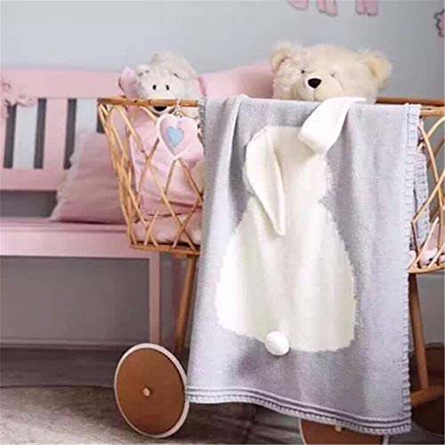 Baby-Decke, 100% Baumwolle, gestrickt, niedliche Hasenohren, Schwanz, Puckdecke, Luxus-Bezug für Neugeborene, Kleinkind/Kinder, 75 x 105 cm