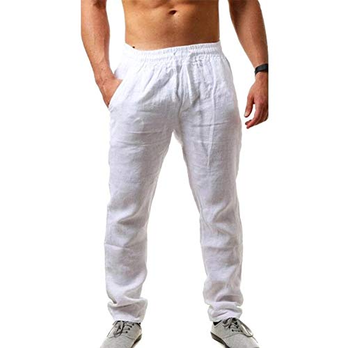 VANVENE Herren-Leinenhose, lockere Passform, lässig, leicht, elastischer Bund, Kordelzug, Yoga, Strandhose, weiß, 56