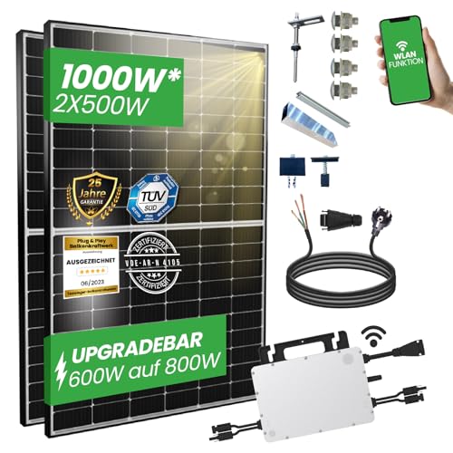 1000W Balkonkraftwerk Komplettset inkl. 500W Solarmodule, Hoymiles HMS-800-2T Upgradefähiger WIFI Wechselrichter, 10M Schukostecker und Stockschrauben PV-Montage