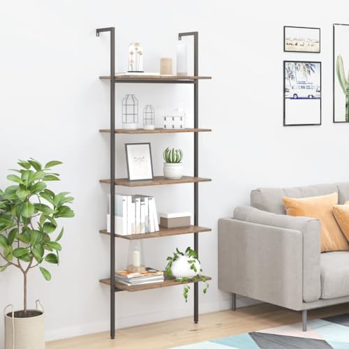 QZZCED Dekoratives Regal Wohnzimmerregal Bücherschrank Büro-Bücherregal Leiterregal mit 5 Böden Dunkelbraun und Schwarz 64x35x185 cm für Wohnzimmer, Schlafzimmer, Büro