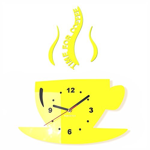 FLEXISTYLE Tasse Time for Coffee (Zeit für Kaffee) Moderne Küche Wanduhr, Zitronengelb, 3D römisch, wanduhr deko