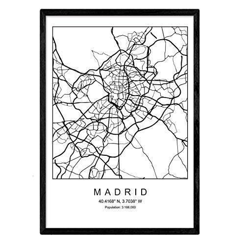 Nacnic Stadtplan Poster von Madrid im nordischen Stil. Plakate in Schwarz und Weiß für Ihr Zuhause, Geschäft oder Büro. A3 Größe mit Rahmen.