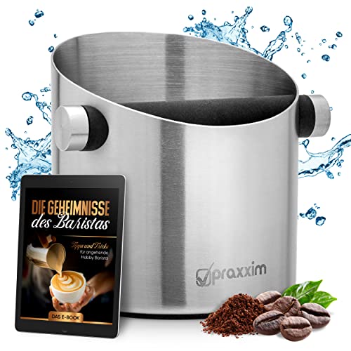 praxxim Abklopfbehälter für Siebträger - Kaffeesatz Abschlagbehälter aus Edelstahl – Optimal für 1-2 Espresso Genießer im Haushalt - incl. Ebook"Kaffee perfekt zubereiten"