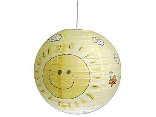 Papierlampe fürs Kinderzimmer mit dimmbare LED - Lampenschirm Sonnen Motiv - Pendelleuchte mit Aufhängung