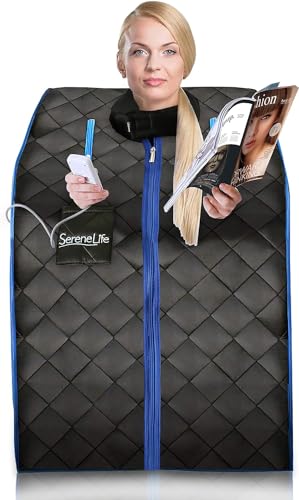 SereneLife AZSLISAU10BK Infrared Home Spa One Person Sauna with Heating Foot Pad and Portable Chair, Black