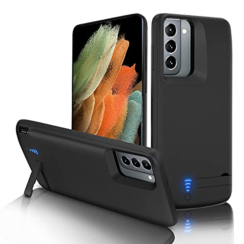 Gladgogo Akku Hülle für Samsung Galaxy S21, [4800 mAh] Battery Case Akkuhülle Mit klappbarem Ständer (6,2 Zoll)