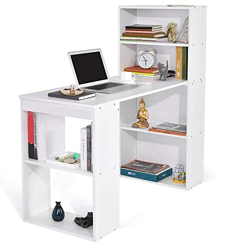 BAKAJI Schreibtisch mit Bücherregal, Tisch, PC, Computer, aus Melanine, Zuhause, Büro, Weiß, Holz, Unica