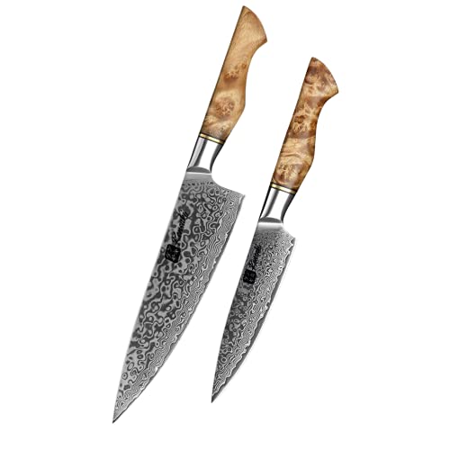 Kensaki Messerset aus Damaszener Stahl Küchenmesser Japanischer Art hergestellt aus 67 Lagen Damaststahl Kiniro Serie KEN-122 2er Set