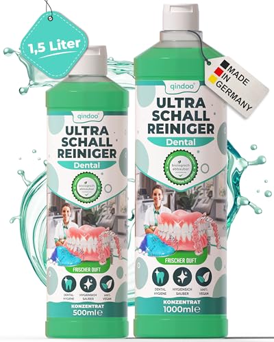 Qindoo 1.5L Ultraschallreiniger Dental für Zahnprothesen, Dentalreiniger Flüssigkeit, Zahnersatzreinigung, Zahnschienen (1,5 Liter Sparset)