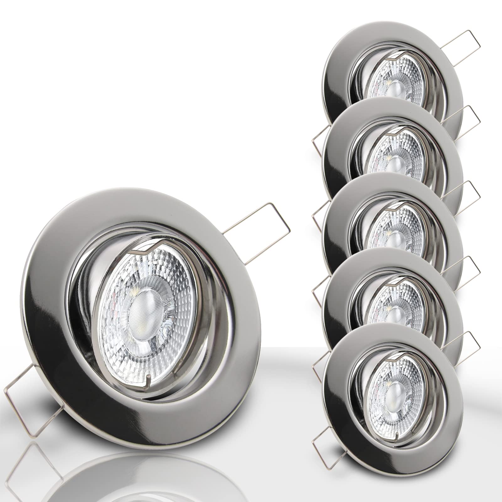 trendlights24 Decora Decken Einbaustrahler flach 35 mm 230V 5er Set - LED Spots je 5W Neutralweiß 400lm austauschbar Chrom glänzend schwenkbar 68 mm
