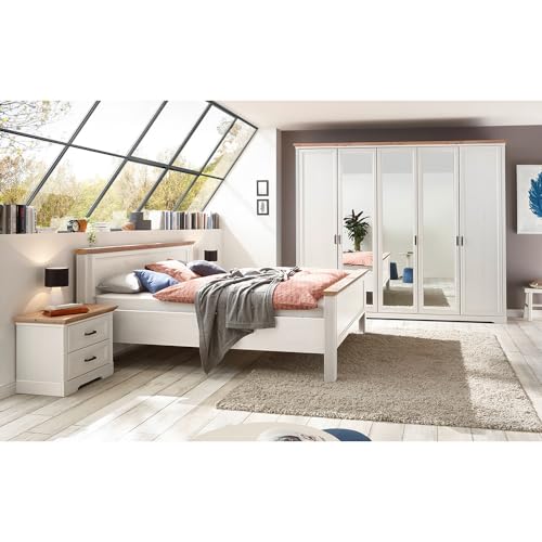 Lomadox Schlafzimmermöbel Set 4-teilig mit Bett 180x200cm, 2X Nachttisch, Kleiderschrank in Pinie weiß mit Eiche Landhaus