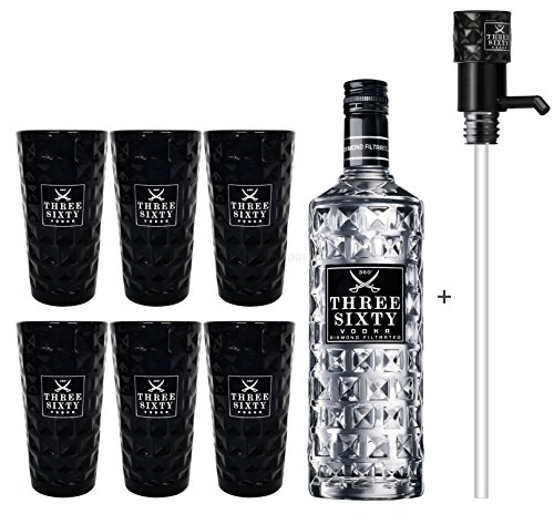 Three Sixty Vodka 3L (37,5% Vol) + Pumpe + 6x Black Longdrink Gläser schwarz -[Enthält Sulfite]