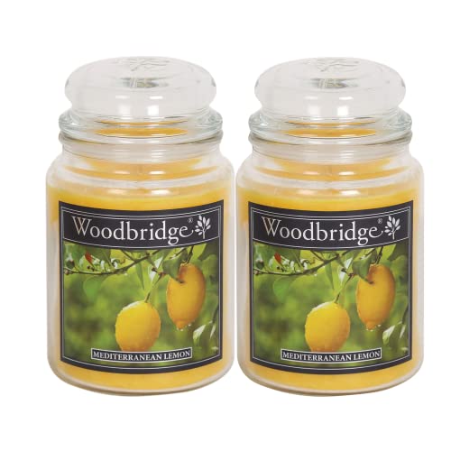 Woodbridge Duftkerze im Glas mit Deckel | 2er Set Mediterranean Lemon | Duftkerze Zitrone | Kerzen Lange Brenndauer (130h) | Duftkerze groß | Kerzen Gelb (565g)