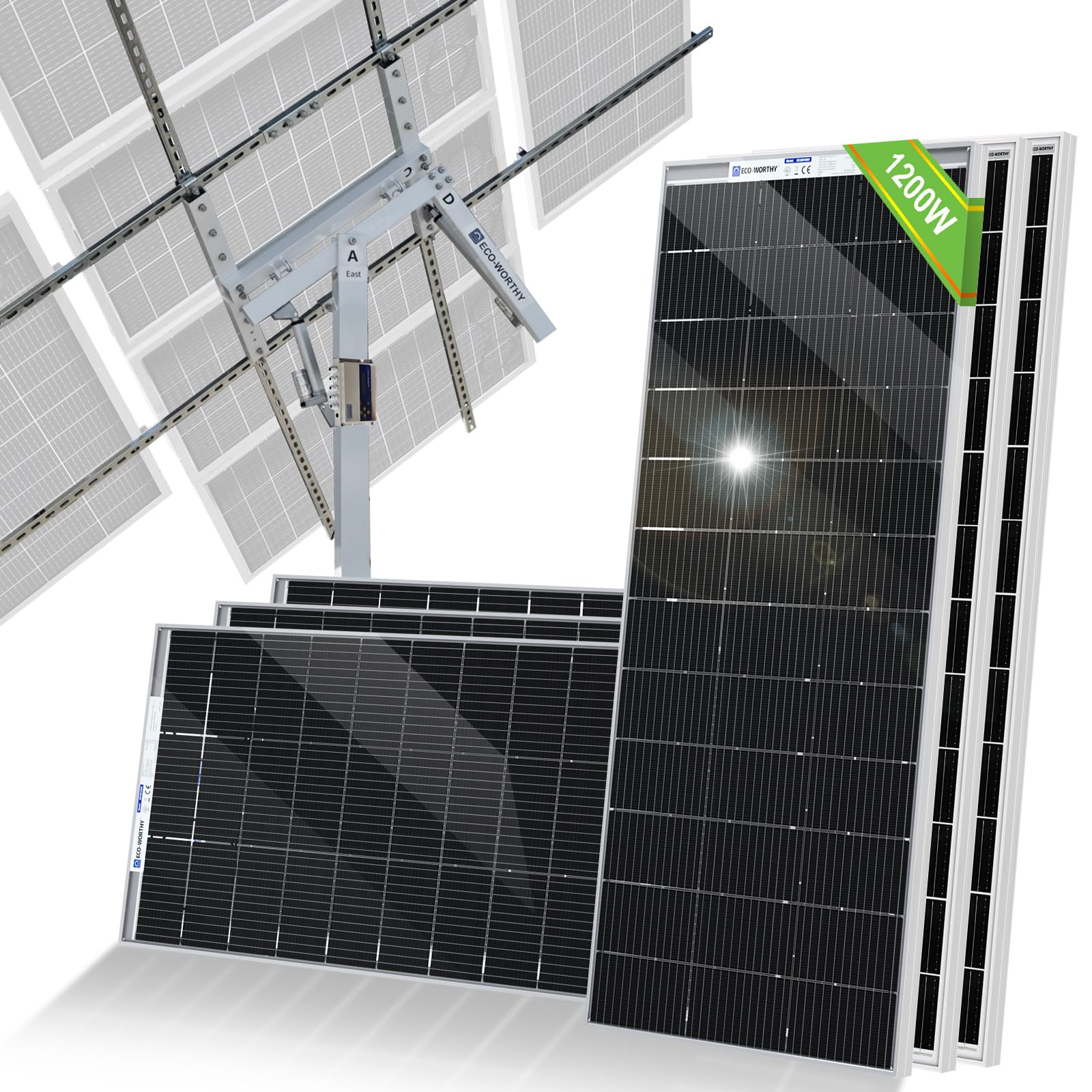 ECO-WORTHY 1200W Solarpanel Kit: 6 Stücke195W Bifacial Solarpanel + Solarpanel Halterung Zweiachsiges Tracking-System (Erhöhung der Leistung um 40%) Ideal für Hof/Hof/Feld