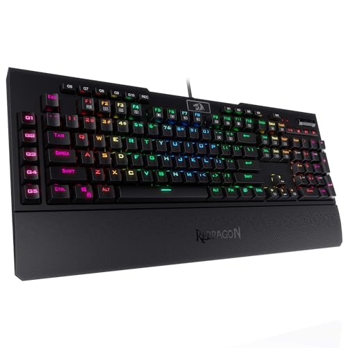 Redragon Mechanische Gaming-Tastatur K586 RGB, 10 dedizierte Makrotasten, praktische Mediensteuerung und abnehmbare Handballenauflage, brauner Schalter