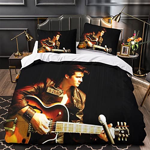 Elvis Presley Bettbezug Set 3D Sänger Bedruckte Steppdecke Bettbezug Mit Reißverschluss,Rock 'n' Roll Bettwäscheset Mit Kissenbezügen,Weiche Mikrofaser einfach（135x200cm）