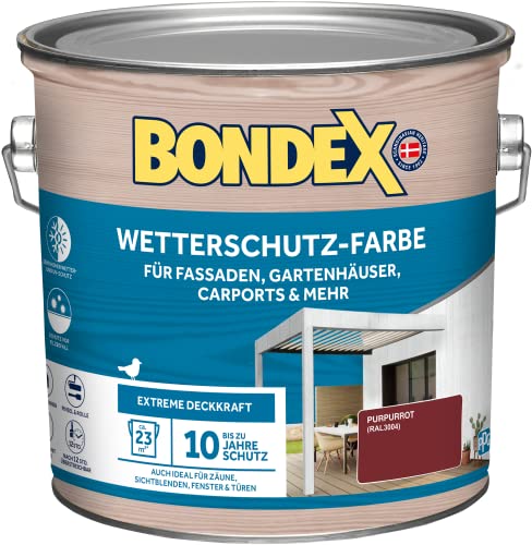 Bondex Wetterschutz Farbe Purpurrot (RAL3004) 2,5 L für 23 m² | Extreme Deckkraft | Hervorragende Witterungsbeständigkeit | seidenglänzend | Wetterschutzfarbe | Holzfarbe