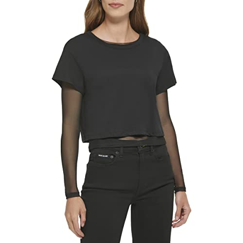 DKNY Women's Short with a Twofer Long Sleeve Mesh Top T-Shirt, Black, M