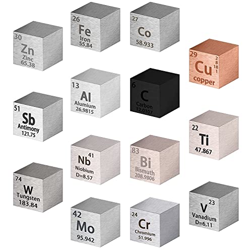 Jonoisax 14-Teiliges Elementwürfel-Set 10 Mm Dichtewürfel Metall Periodensystem Metallwürfel Für Elementsammlungen Material Hobbies