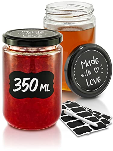 Praknu 24 Einmachgläser mit Deckel 350ml - Mit Etiketten & Stift - Luftdicht - Spülmaschinenfest - Ideal zum Verschenken