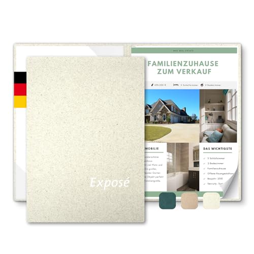 Exposémappe A4 Recyclingkarton - ECO-plus - mit Prägung Exposé - für Ihre hochwertige Objekt-Präsentation aus nachhaltiger Pappe – Exposé-Mappe für Immobilien-Makler (Graspapier, 8 Stück)