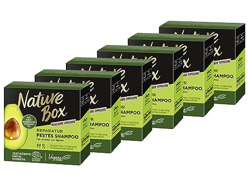 Nature Box festes Shampoo Reparatur (6x 85 g), Reparatur-Shampoo mit Avocado-Öl repariert das Haar und schützt vor Spliss, recycelbare Verpackung