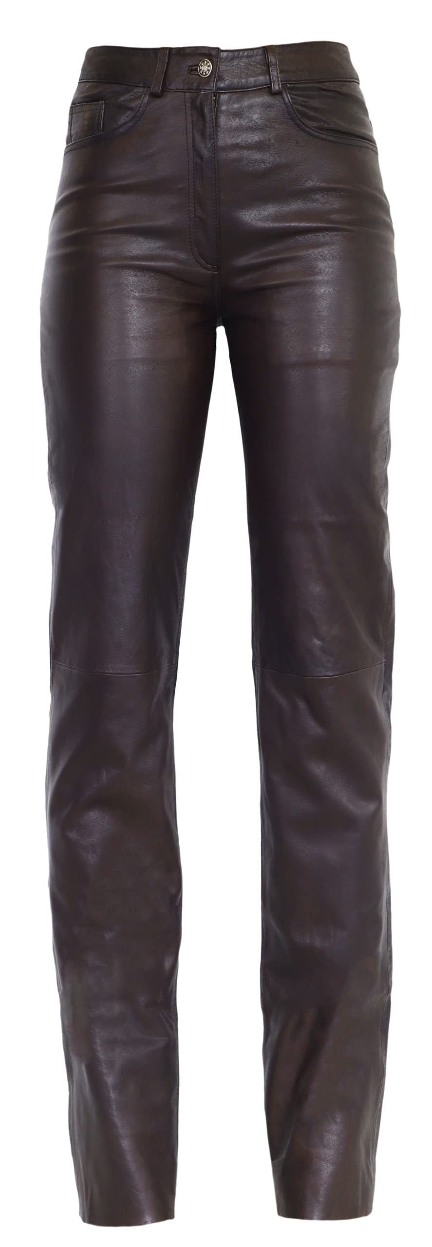 RICANO 9809, Damen Lederhose - 5-Pocket Stil - (Slim Fit/High Waist) echtes Lamm Leder (Braun, XL)