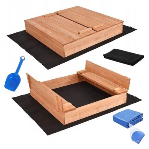 Sandkasten mit Deckel Imprägniert Sandbox 120x120 Sandkiste mit Sitzbänken Holz Spielzeug Garten Spielzeug