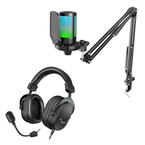 FIFINE Gaming Mikrofon PC mit Arm und Gaming Headset, USB Microphone Kit und Over Ear Kopfhörer mit Kabel, für Podcast Streaming Studio MacOS Windows PS4 PS5 Xbox Switch (A6T+H9)