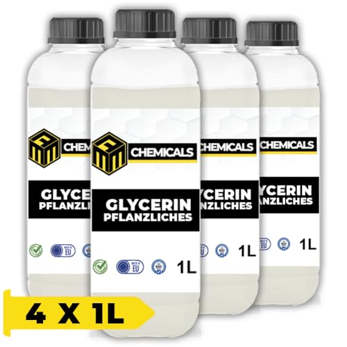 MRM CHEMICALS 4X Pflanzliches Glycerin 99,5% 1L 1 Liter Rein Pharmaqualität Lebensmittelqualität für Desinfektion Kosmetik, Glyzerin Glycerol Natürlich Transparent