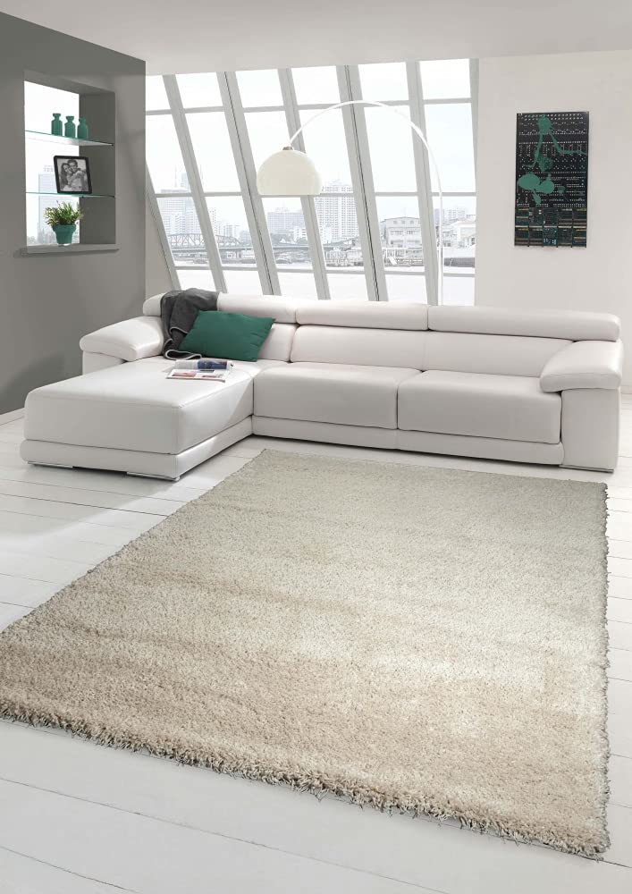 Traum Shaggy Teppich Hochflor Langflor Teppich Wohnzimmer in Uni Design Creme Größe 120x170 cm