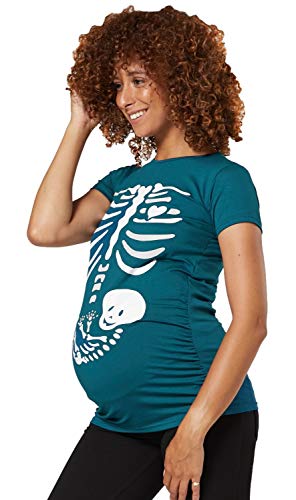 HAPPY MAMA Damen Baby Bauch Skelett T-Shirt Jersey Oberteil für Schwangere. 085p (Flaschengrün, 34-36)