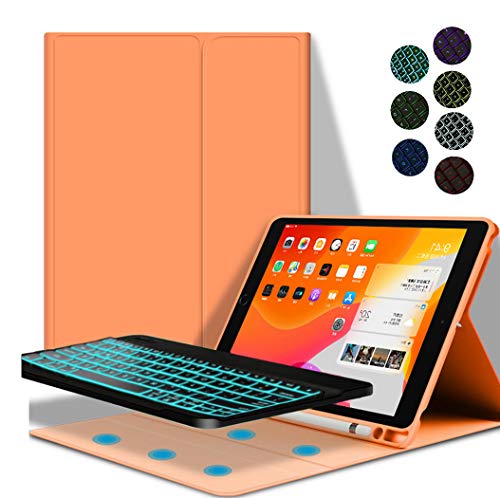 YGoal Tastatur Hülle für 10.2, Deutsches QWERTZ Layout Ultra-Dünn Hülle mit 7 Farben Hintergrundbeleuchtung Abnehmbarer Tastatur für 10.2, Orange