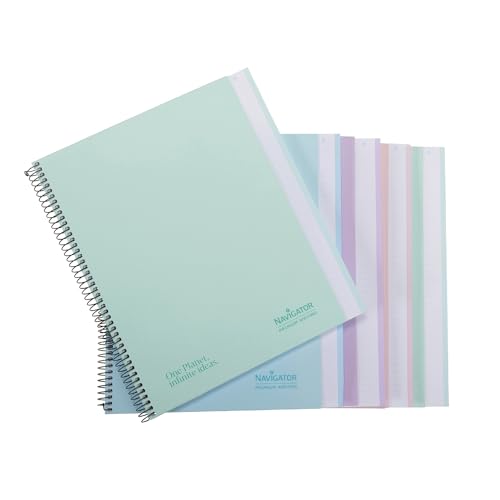 Navigator | Packung mit 5 Notizbüchern A4+ extra Hardcover | 1 Linie | Pastellfarben | Randfarbe | 80 g Papier | 80 Blatt mikroperforiert 4 Bohrungen | Spiral-Spulensperre | Premium Writing Papier