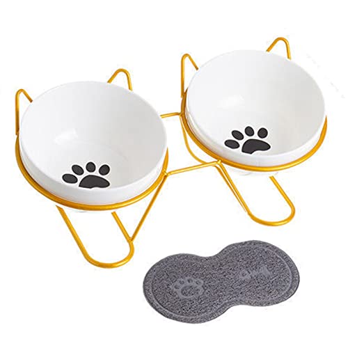 Suppenschüssel, Reisschüssel, Frühstücksschüssel, 2 Katzennäpfe, erhöhte Katzenfutternäpfe aus Keramik for Futter und Wasser, Katzengeschirr mit Edelstahlständer – weiß-goldenes Regal (Color : Paw pr