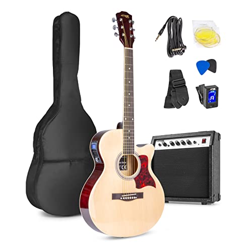 Elektrische Akustikgitarre - MAX ShowKit - komplettes Gitarrenset mit Gitarrenverstärker (40 Watt), Fußbank, Stimmgerät, Gitarrentasche und Plektrum - Natur