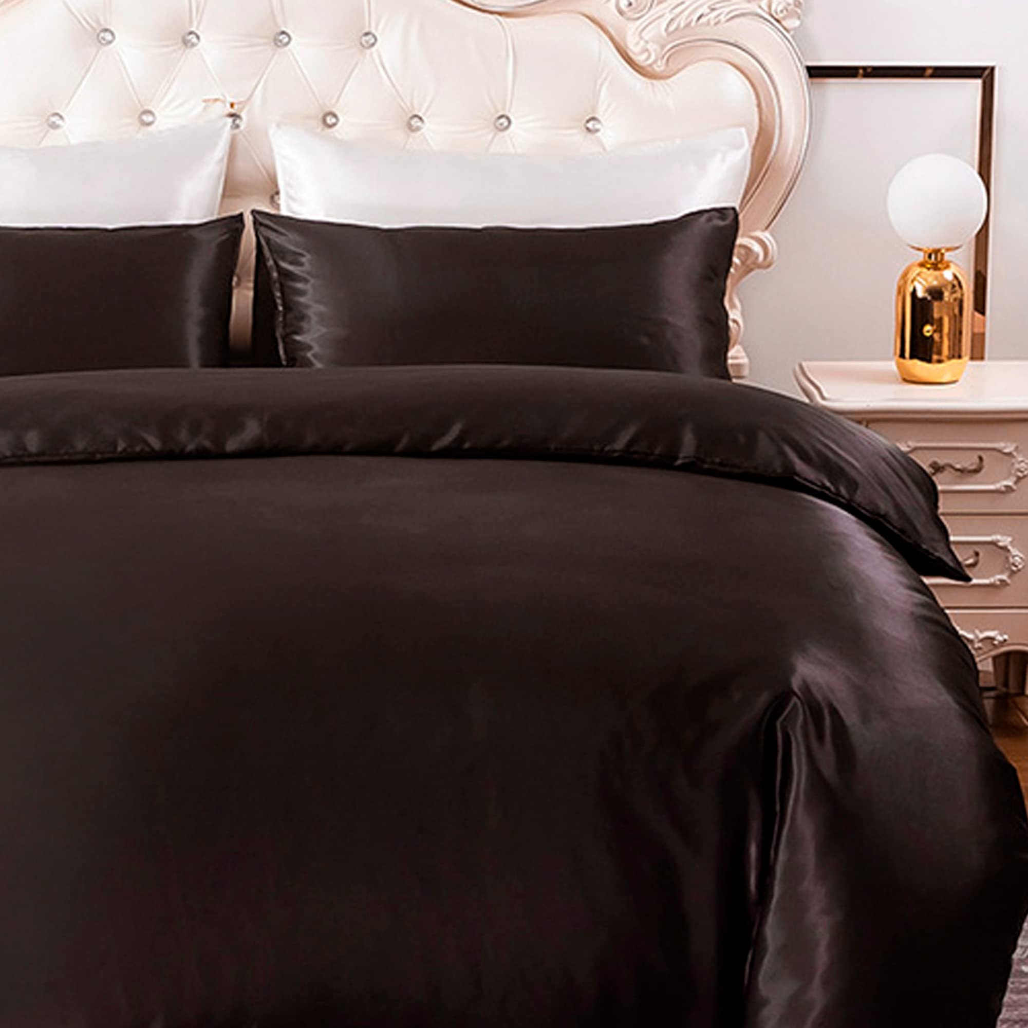 HYSENM Satin Bettwäsche 220 x 230 cm Seide Luxus Bettbezug Set Microfaser Bettbezug+ 2 Kissenhülle 50 x 70 cm einfarbig glatt bequem elegant, Schwarz