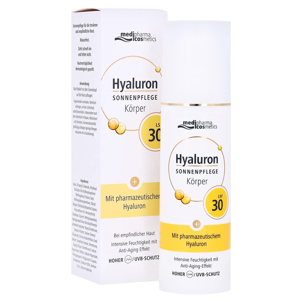 Hyaluron Sonnenpflege Körper LSF 30 mit Hyaluron in pharmazeutischer Qualität + Anti-Aging Effekt, schützt, spendet Feuchtigkeit, strafft und festigt die Haut, von medipharma cosmetics