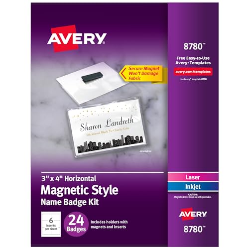 Avery Sichere magnetische Namensschilder, langlebige Kunststoffhalter, robuste Magnete, 3 x 4, 24 Abzeichen (8780)