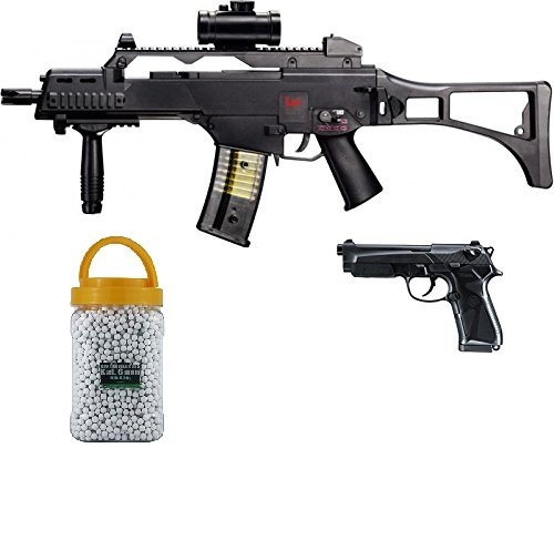 g8ds Set: HK Heckler & Koch G36 C AEG Elektrisch Softair Gewehr + Softair Pistole Beretta 90 Two Federdruck Premium Bio BB Softairkugeln weiß 6mm 0,20g 5000 BBS