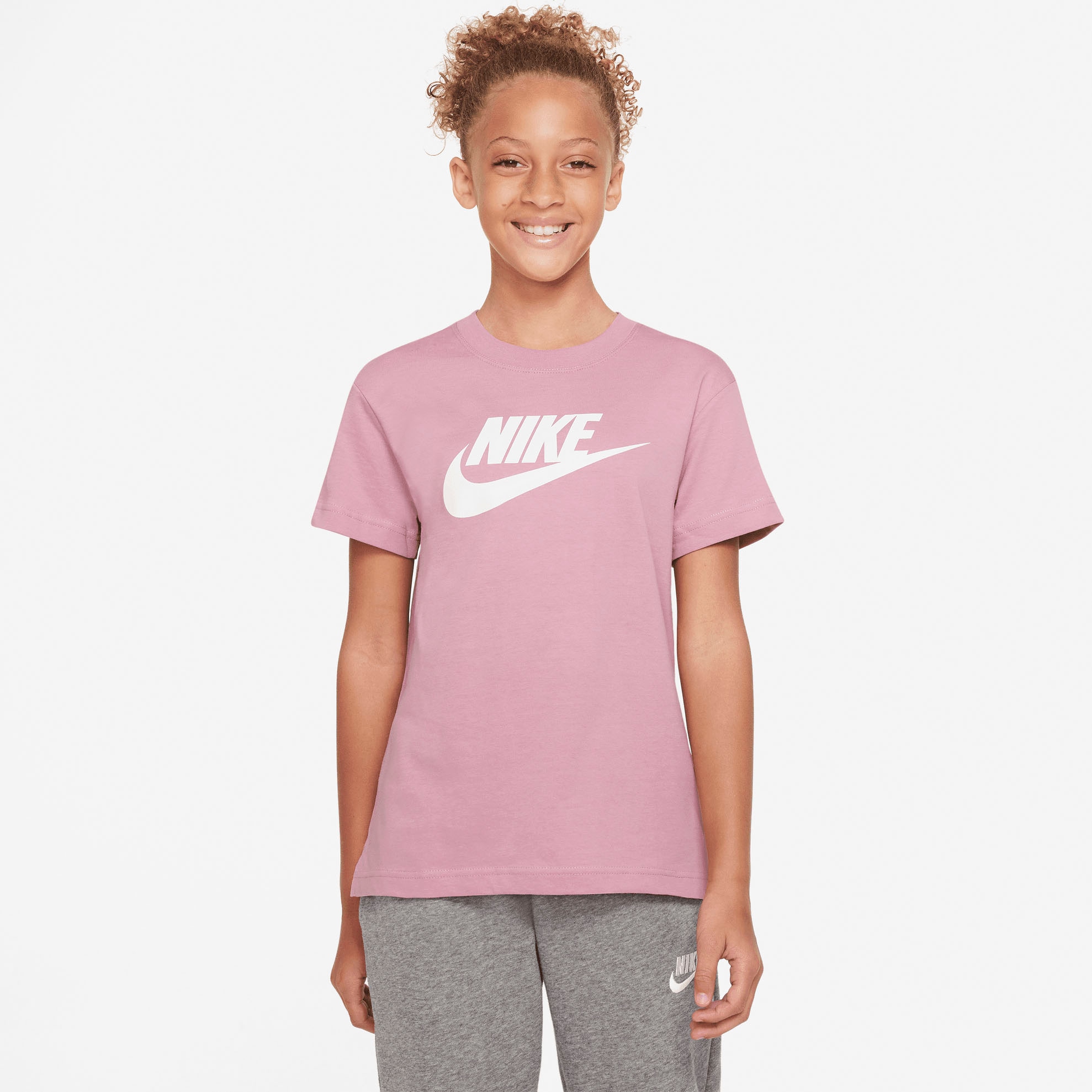 Nike Unisex Kinder G NSW Dptl Basic Futura T-Shirt, Elemental Pink/Weiß, XL (156-166cm)