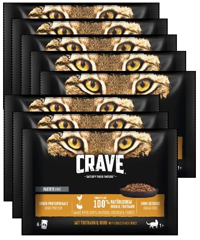 CRAVE Katze Portionsbeutel Multipack Katzenfutter Nassfutter (8x4x 85g, Huhn & Truthahn)