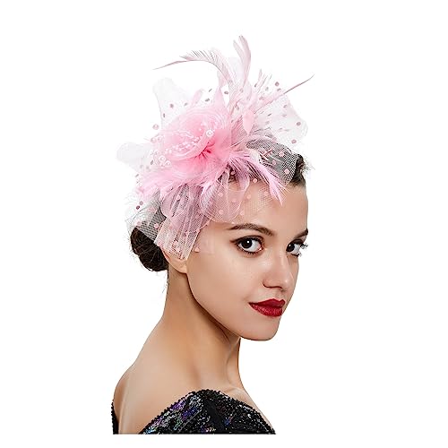Vintage Damen Feder-Blumen-Fascinator-Hut, Damen-Haarschmuck, Hochzeit, Party, florales Mesh-Schleier-Stirnband, Haarnadel (Color : Pink, Size : 1)