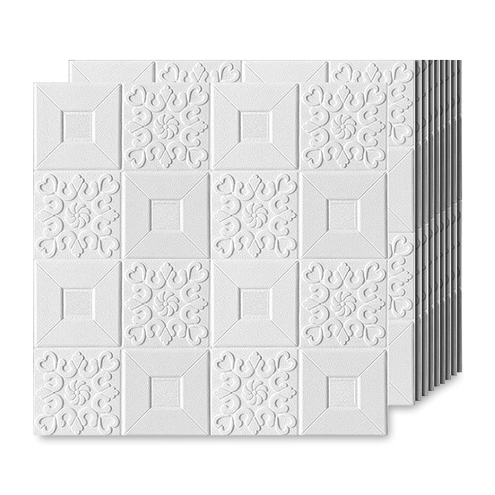 EMSMIL 3D Ziegel Tapete Selbstklebend Wandpaneele 10 Stk Weiß 70 x 70 cm Modern Wasserfest Steinoptik Tapeten 3D Effekt Schaumstoff Wandaufkleber für Badezimmer Schlafzimmer Wohnzimmer Küchen Wand