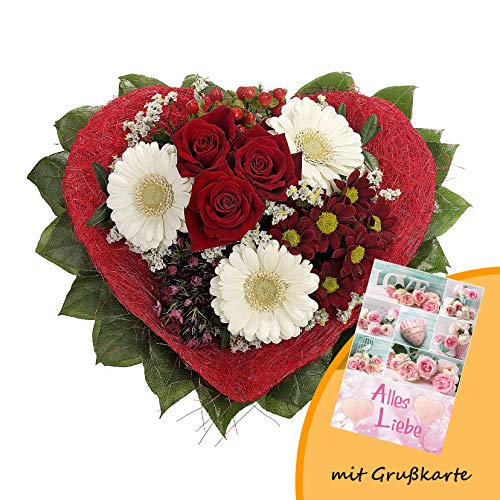 Dominik Blumen und Pflanzen, Blumenstrauß "Allerliebst" mit Rosen, Gerbera und Bartnelke und Grußkarte "Alles Liebe"