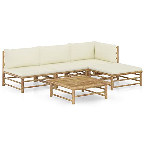ZQQLVOO Lounge Sessel Terrassenmöbel Terassenmöbel Außen5-tlg. Garten-Lounge-Set mit Cremeweißen Kissen Bambus