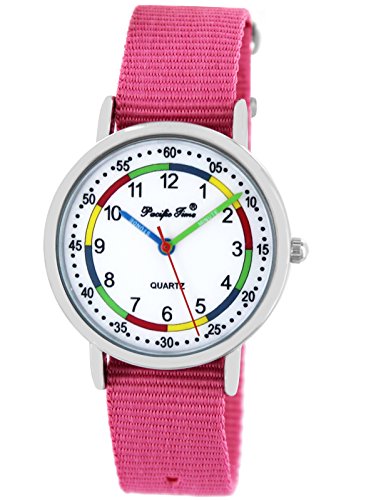 Pacific Time First Kinder-Armbanduhr Lernuhr Jungen Mädchen Regenbogenfarben Schnellwechsel Textilarmband analog Quarz rosa 865210