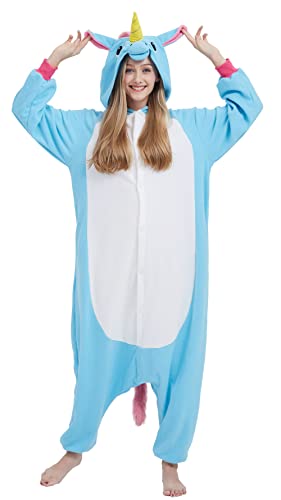 Unisex Pyjamas Jumpsuit Tierkostüm Einhorn blau Onesie Damen Herren Karneval Nachtwäsche